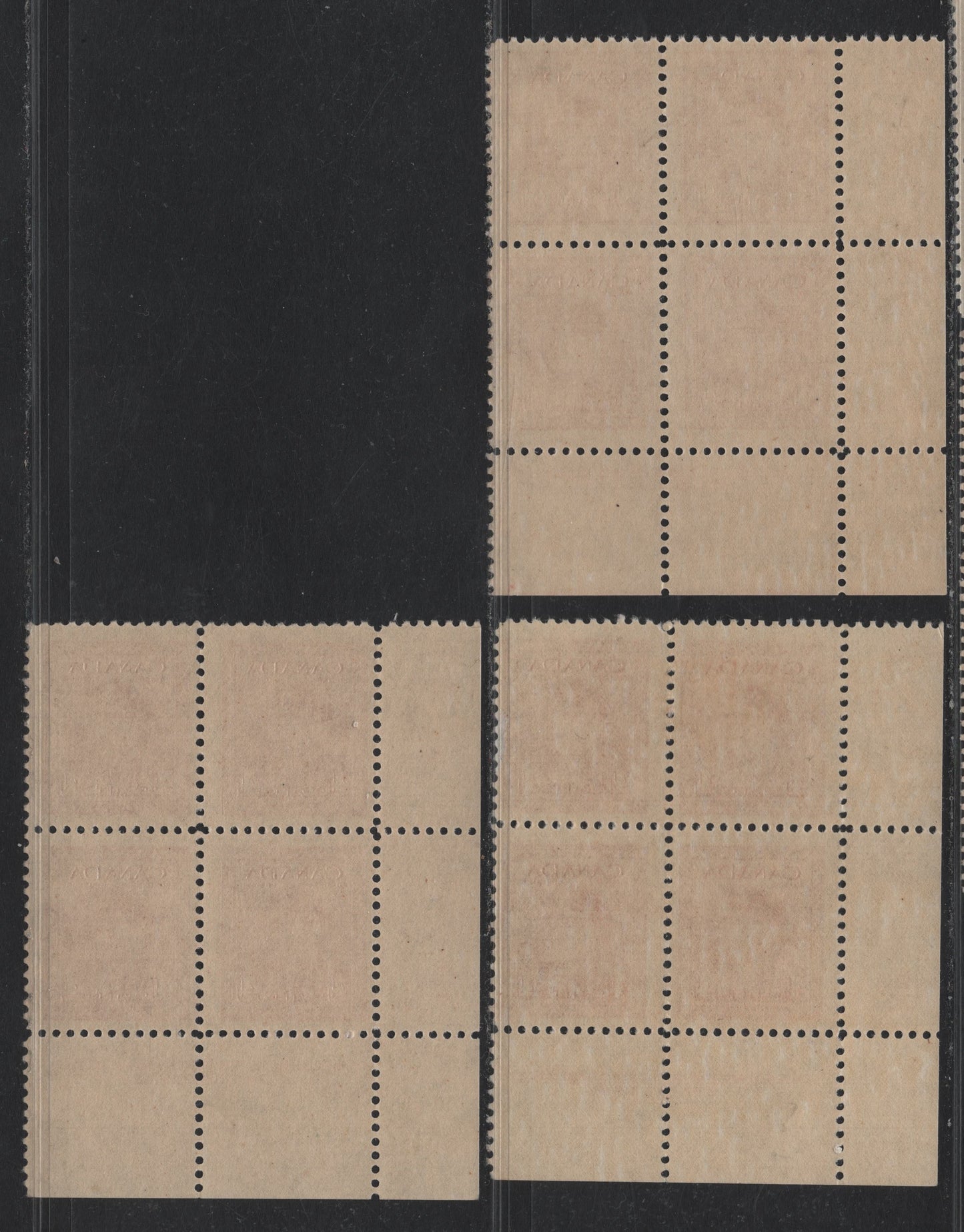 Lot 305 Canada #254 4c Carmine Red, 1942-1943 War Issue, 3 FNH LL Plate Blocks Of 4, Plates 31, 47 & 48, Unchecked As To Exact Papers & Perfs, Plate Dots At LR Under D Of Liited, Traces Of Guideline Under Order # & Plate Inscription.