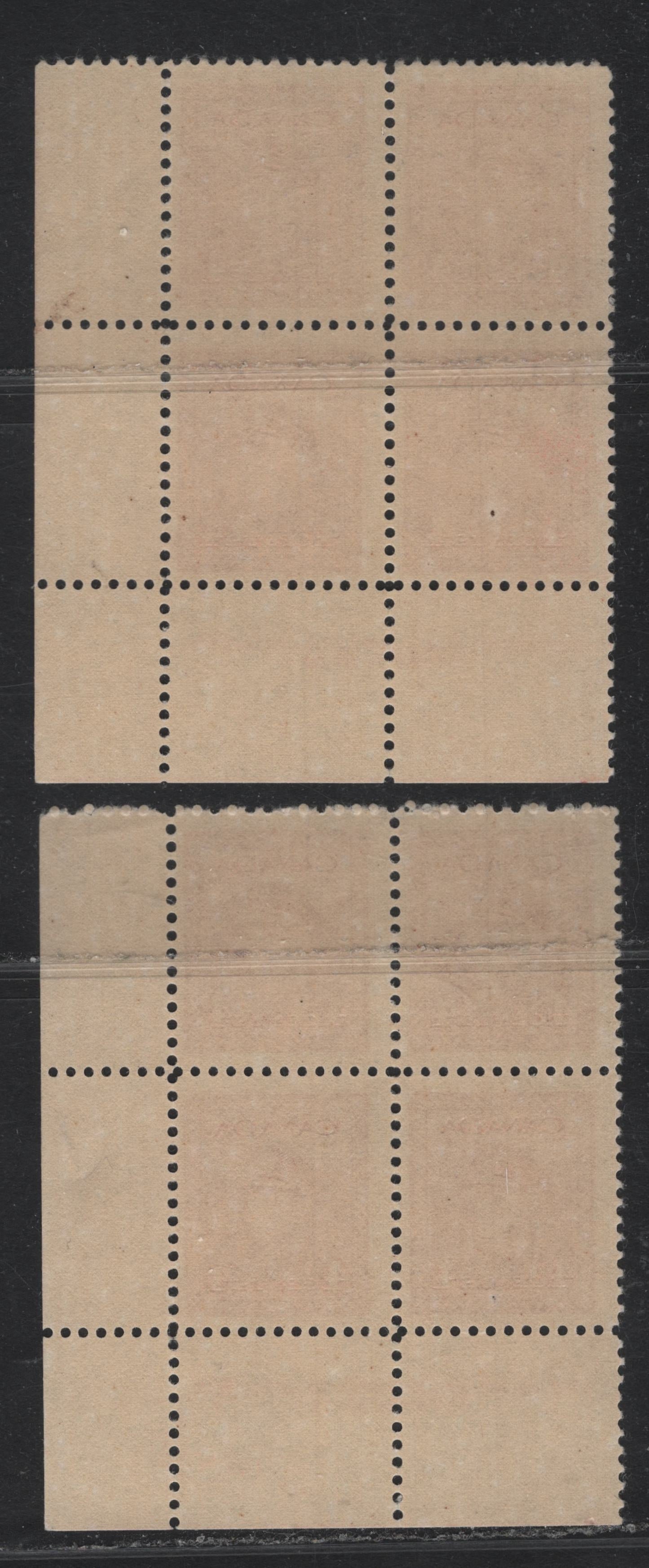 Lot 307 Canada #254 4c Deep Carmine Red, 1942-1943 War Issue, 2 FNH LL Plate Blocks Of 4, CBN-SSSSS Paper, Perfs 11.9 & 12x11.9, Both Have Plate Dots Under 'C' of Canada.