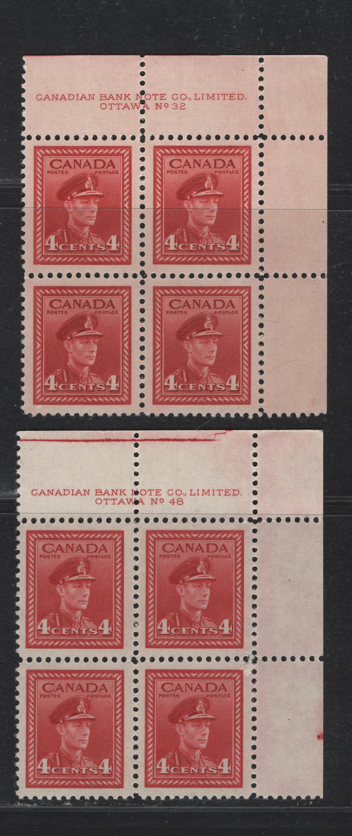 Lot 309 Canada (C) #254 4c Carmine Red - Deep Carmine Red, 1942-1943 War Issue, 2 VFNH UR Plate Blocks Of 4, Plates 32 & 48, CBN-UUUUU Paper, P.32 Shows No Cutting Guideline Or Plate Dot, P.48 Has Both (Plate Dot In Right Margin).