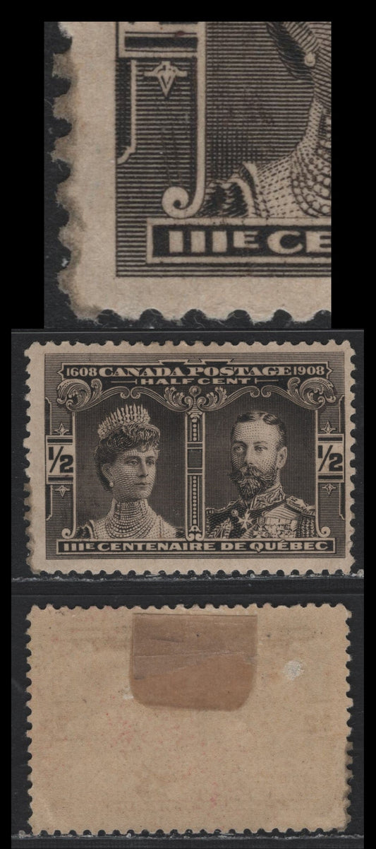 Lot 30 Canada #96 1/2c Brown Black, 1908 Quebec Tercentenary Issue, A FOG Single, ABN-A paper, Perf 11.9, Showing Two Diagonal Scratches Inside The Lower Panel.