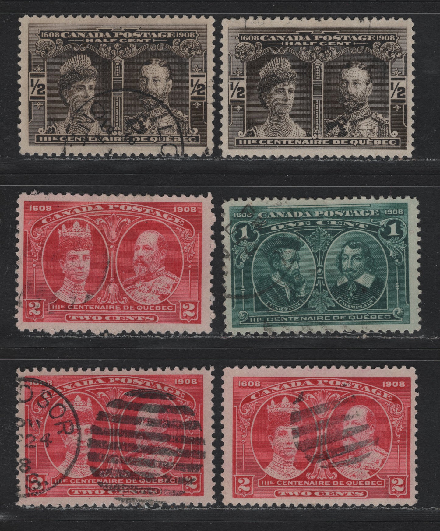Lot 31 Canada #96-98 1/2c - 2c Black Brown - Pale Carmine Rose, 1908 Quebec Tercentenary Issue, 6 Fine/Very Fine Used Singles, ABN-A & ABN-B Papers, Not Checked As To Specific Types, or Perfs