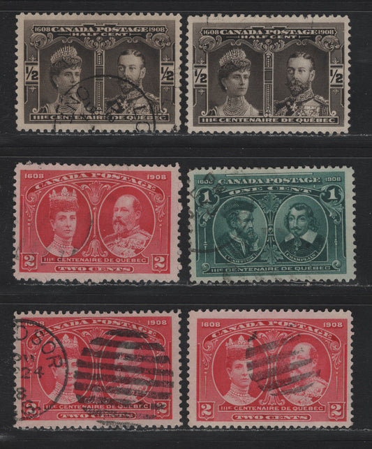 Lot 31 Canada #96-98 1/2c - 2c Black Brown - Pale Carmine Rose, 1908 Quebec Tercentenary Issue, 6 Fine/Very Fine Used Singles, ABN-A & ABN-B Papers, Not Checked As To Specific Types, or Perfs