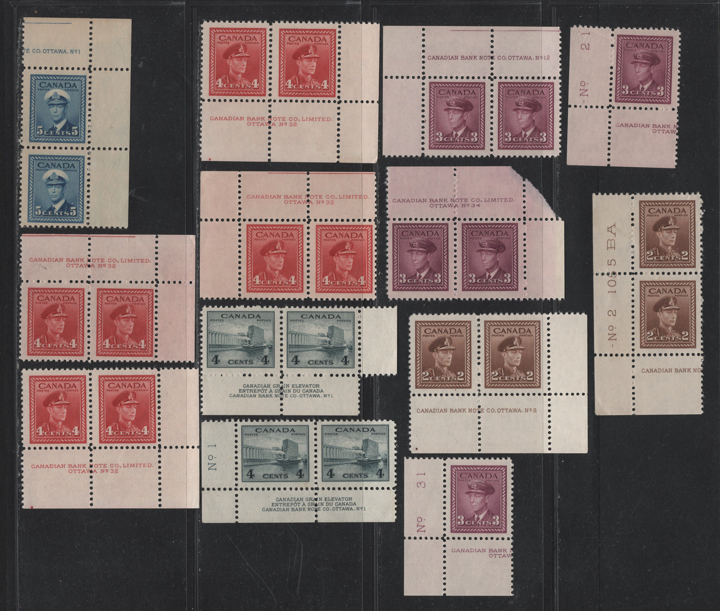 Lot 315 Canada (C) #250, 252-255 2c - 5c Brown - Blue, 1942-1943 War Issue, 13 F/VFNH/OG Plate Singles & Pairs, Different Papers