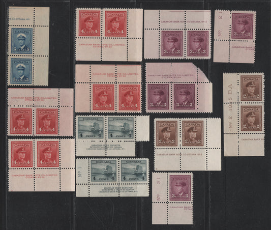 Lot 315 Canada (C) #250, 252-255 2c - 5c Brown - Blue, 1942-1943 War Issue, 13 F/VFNH/OG Plate Singles & Pairs, Different Papers