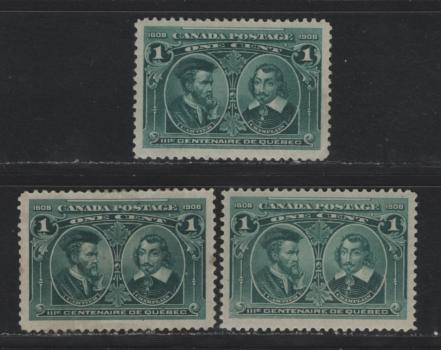 Lot 32 Canada (C) #97 1c Deep Blue Green - Grayish Blue Green, 1908 Quebec Tercentenary Issue, 3 G/FOG Single, Unchecked As To Specific Perfs, All Three Have Shallow Thins, Darkest Shade Has Two Small Tone Spots & A Tiny Tear Above OS of Postage.