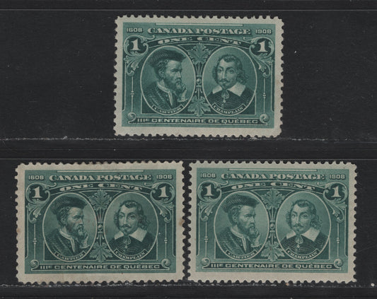 Lot 32 Canada (C) #97 1c Deep Blue Green - Grayish Blue Green, 1908 Quebec Tercentenary Issue, 3 G/FOG Single, Unchecked As To Specific Perfs, All Three Have Shallow Thins, Darkest Shade Has Two Small Tone Spots & A Tiny Tear Above OS of Postage.