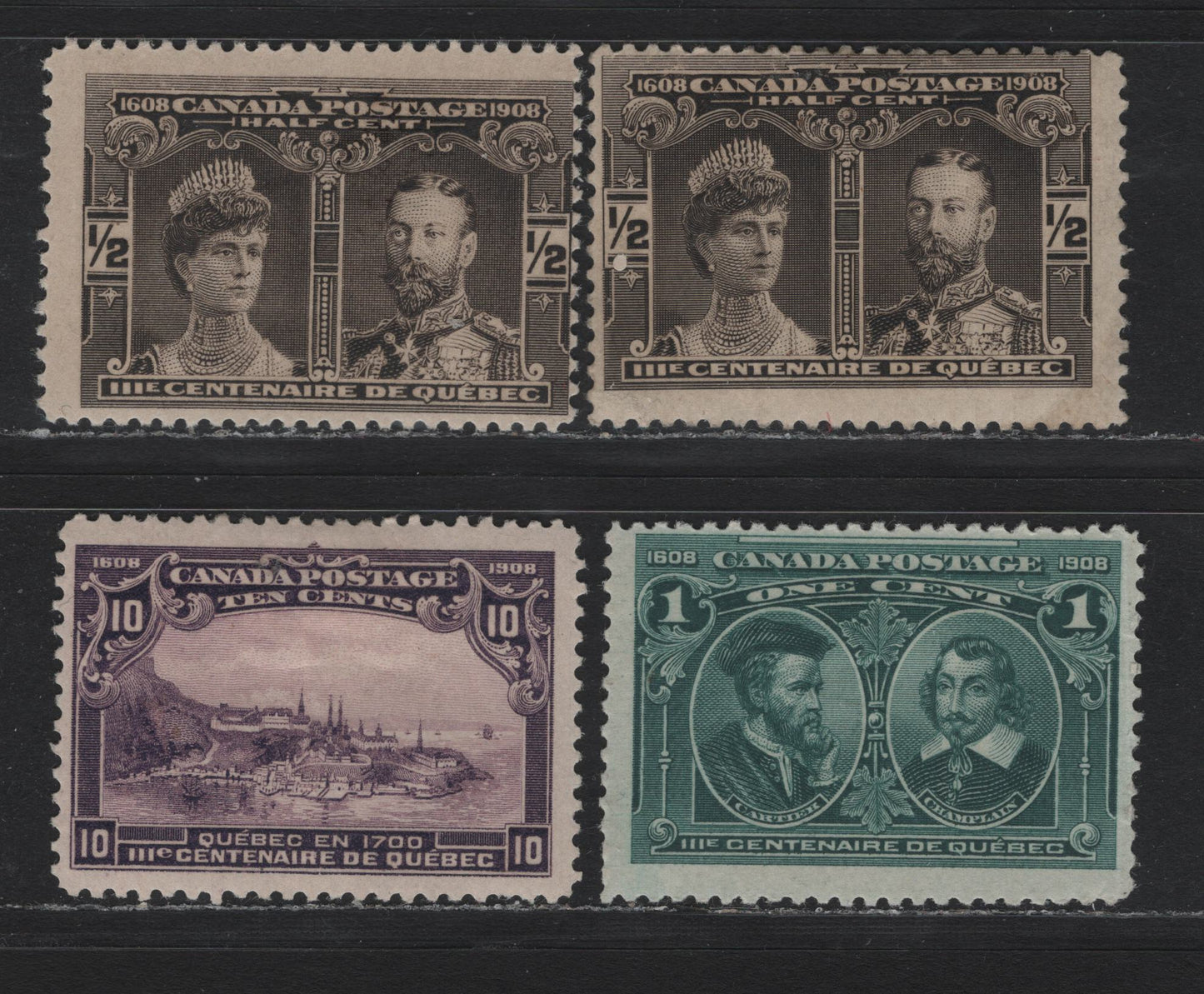 Lot 36 Canada #96-97, 101 1/2c - 10c Black Brown - Purple, 1908 Quebec Tercentenary Issue, 4 G/VFOG Singles, ABN-A Papers, Unchecked As To Perfs, All Except The 1/2c have Small Faults.