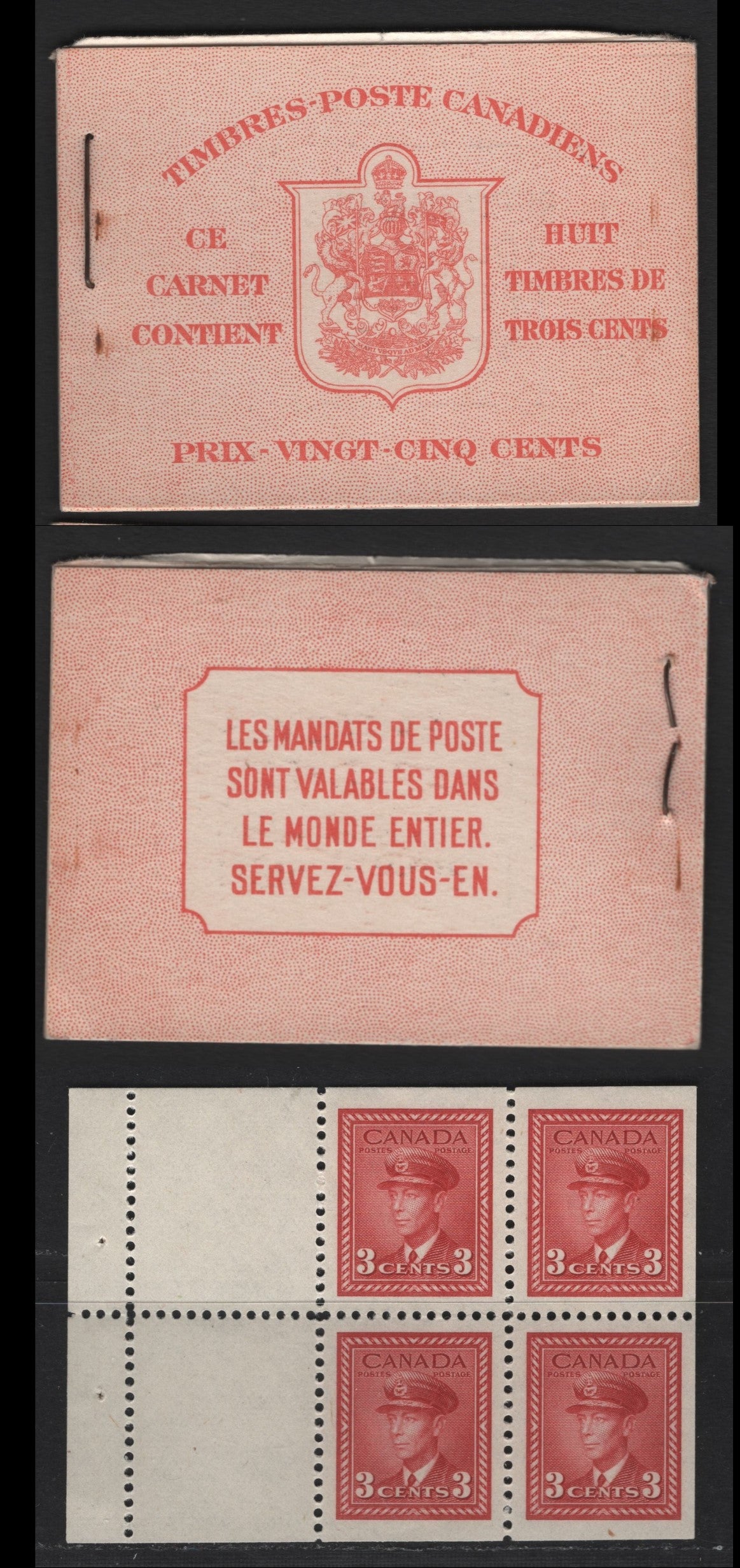 Lot 361 Canada (C) #BK34d 1942-1947 War Issue, A Complete 25c French Booklet, 2 Panes Of 4+2 Labels 3c Dark Carmine, Front Cover IIn, Type 1B Cover, Oversize Surcharged Rate Page, Paper CBN-OOOOO