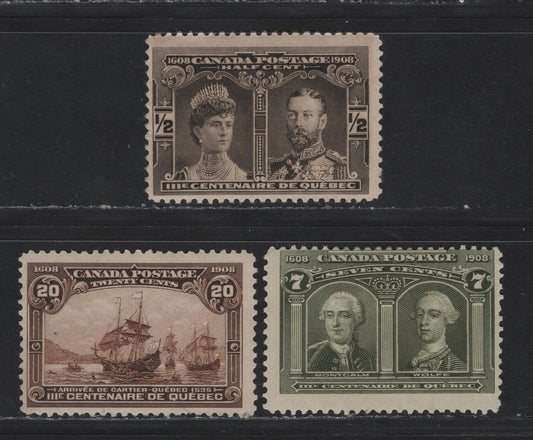 Lot 37 Canada #96, 100, 103 1/2c - 20c Black Brown - Brown, 1908 Quebec Tercentenary Issue, 3 VG/FOG Singles, ABN-A Papers, Unchecked As To Perfs