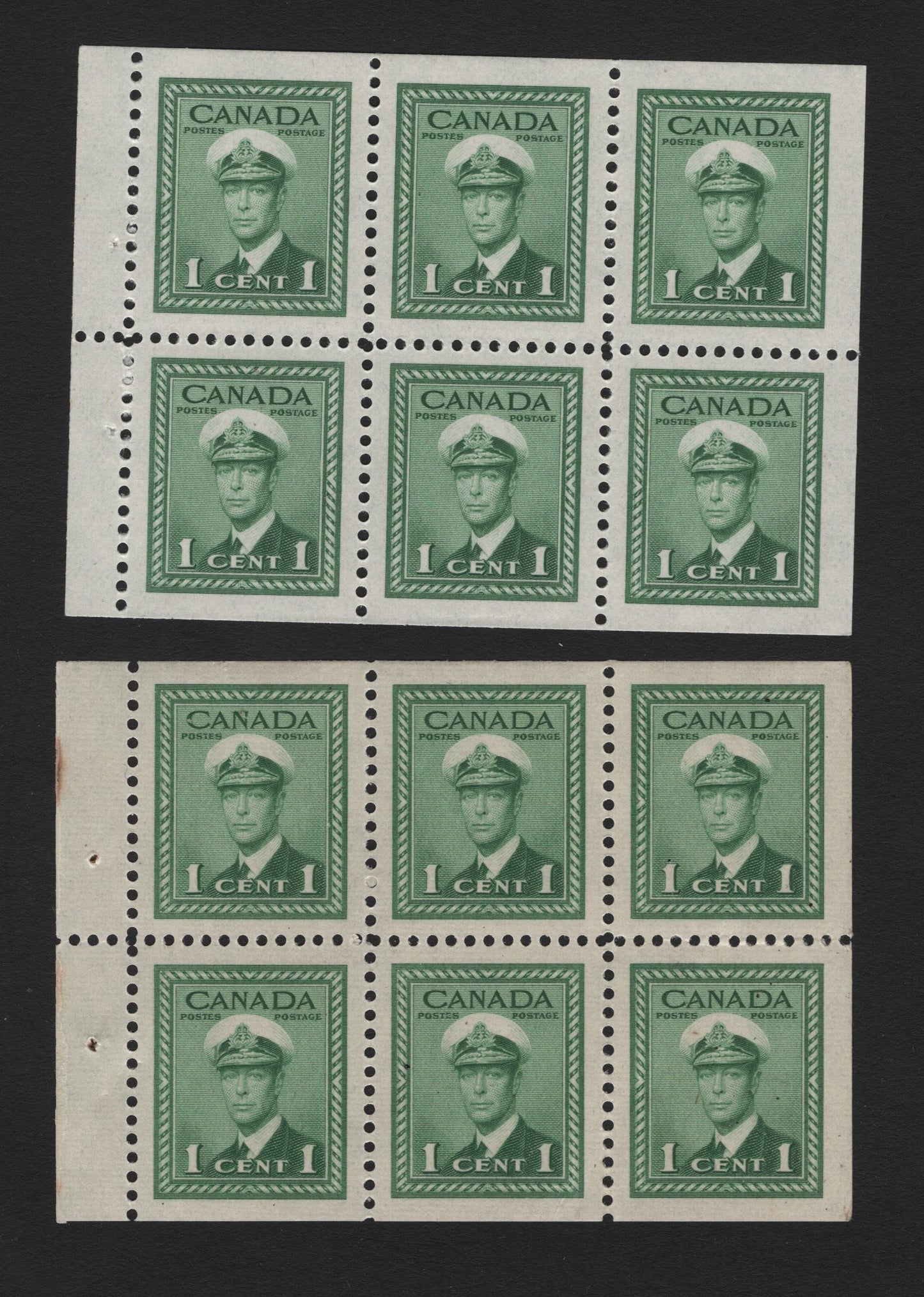 Lot 381 Canada (C) #249b 1c Green, 1942-1943 War Issue, 2 VFNH Booklet Panes Of 6, Each Of Different Paper From Previous Lot (#380), One Is Vertical Wove Paper With No Ribbing, Other Is Horiz Ribbed Paper & One Has Slightly Narrower Tab.