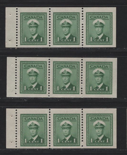 Lot 383 Canada #249c 1c Green, 1942-1943 War Issue, 3 F/VFNH Chewing Gum Booklet Panes Of 3, Horizontal Wove & Vertical Wove Papers, Two Panes On Horizontal Wove Paper Have Streaky & Smooth Gums