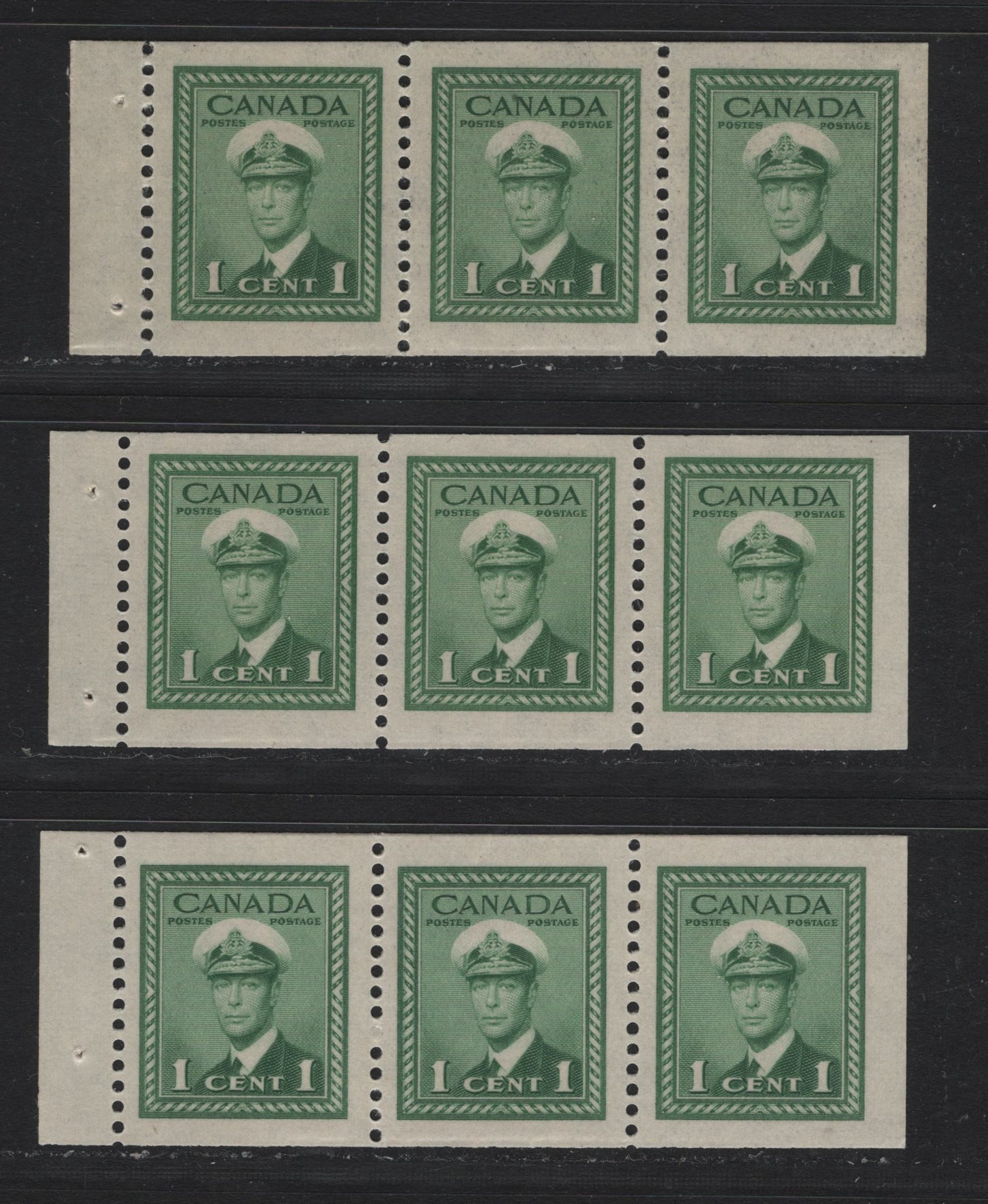 Lot 384 Canada #249c 1c Green - Bluish Green, 1942-1943 War Issue, 3 VFOG Booklet Panes Of 3, Different Papers, Includes 2 On Vertical Wove (Both Shades) & One On Horizontal Ribbed Paper