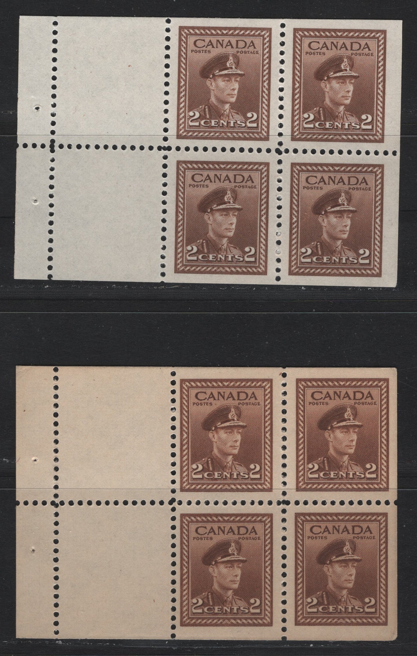 Lot 386 Canada #250a 2c Deep Brown - Brown, 1942-1943 War Issue, 2 VFNH Booklet Panes Of 4+2 Labels, Both On Vertical Wove Paper, Not Identified As To Specific Type, One Is Toned, Which May Result From Poor Storage, But May Be A Legitimate Variation.