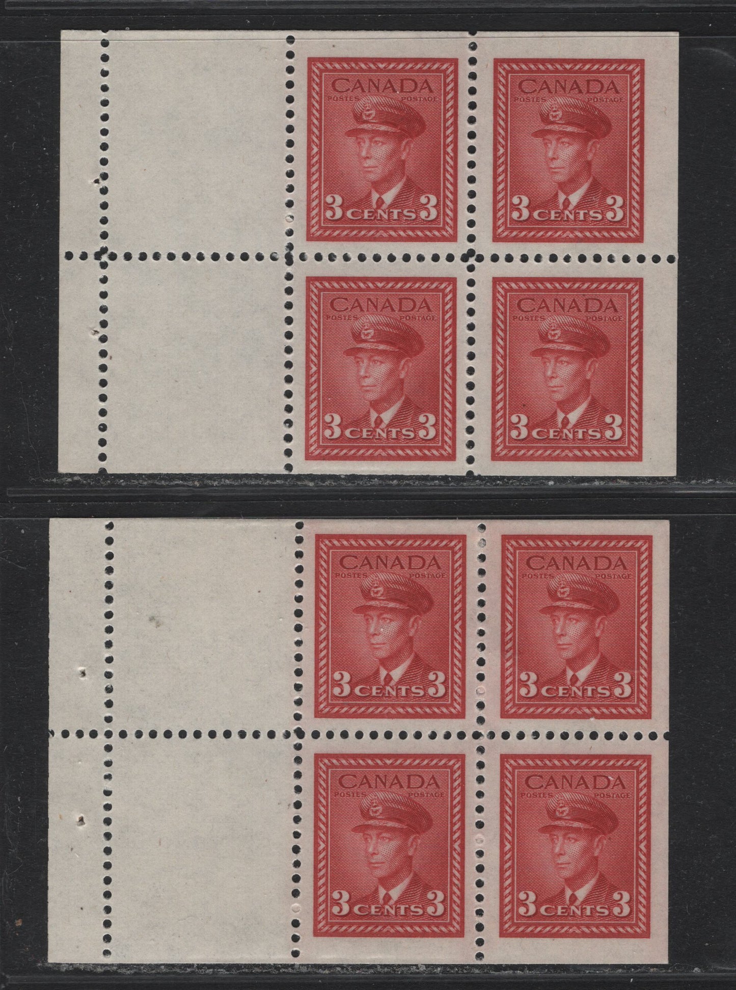 Lot 388 Canada #251a 3c Carmine Red & Bright Carmine Red, 1942-1943 War Issue, 2 VFNH Booklet Panes Of 4+2 Labels, CBN-AAAAA Paper