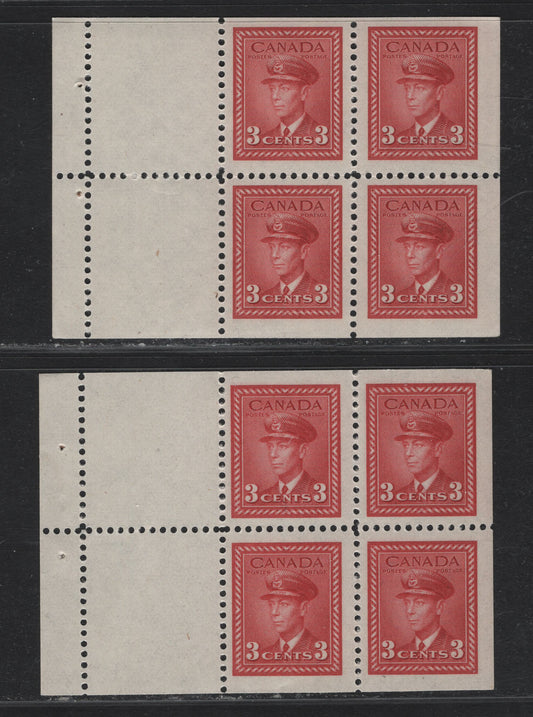 Lot 389 Canada #251 3c Carmine Red - Bright Carmine Red, 1942-1943 War Issue, 2 VFNH Booklet Panes Of 4+2 Labels, Vertical Wove With Mesh Only Visible In Backlight Crackly Cream Gum, Shades Are Different From Lot 388