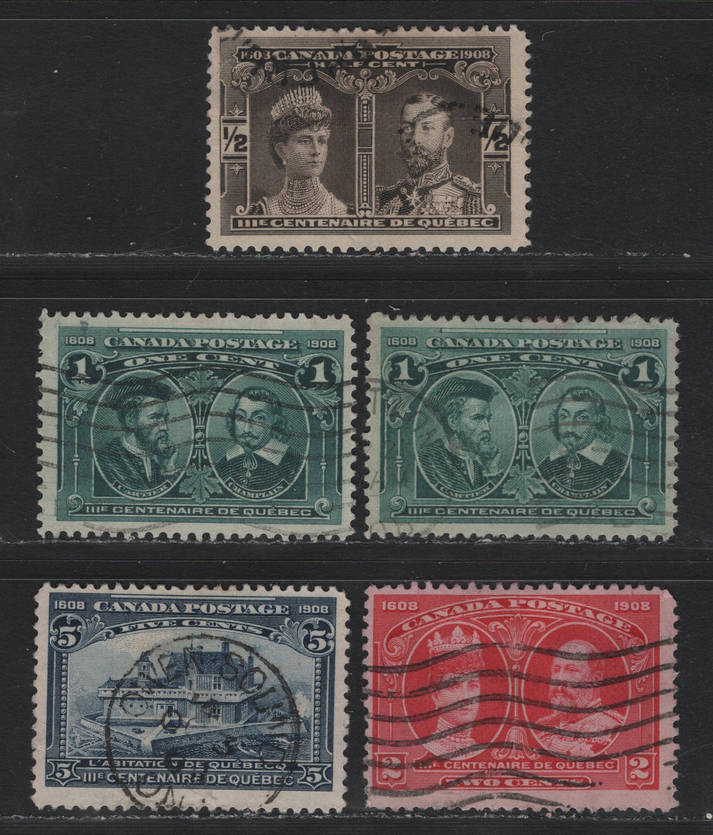 Lot 39 Canada #96-99 1/2c - 5c Black Brown - Blue, 1908 Quebec Tercentenary Issue, 5 Very Good/Fine Used Singles, ABN-B (1c) & ABN-A (Rest) Papers, 5c Has Small Wrinkle, October 3 1908 Owen Sound CDS.