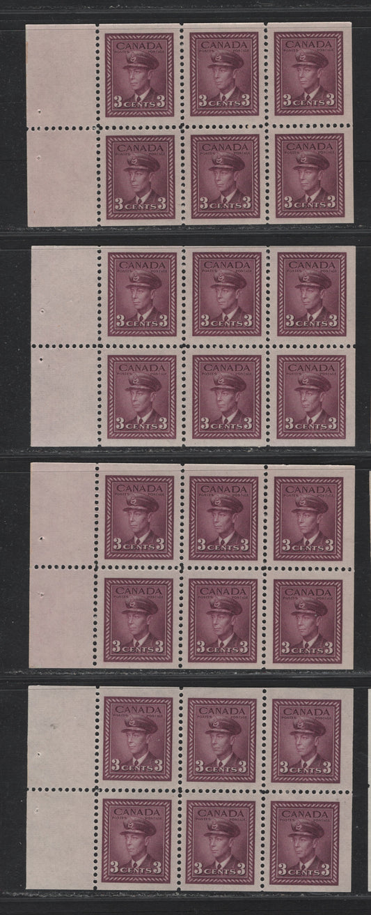 Lot 391 Canada #253c 3c Rose Purple, 1942-1943 War Issue, 4 VFOG Booklet Panes Of 6, Wide Selvedge Tab From Gift Booklet, 2 Each Of The 14mm Staple & 2 Of The 12mm Staple, Each A Different Shade.
