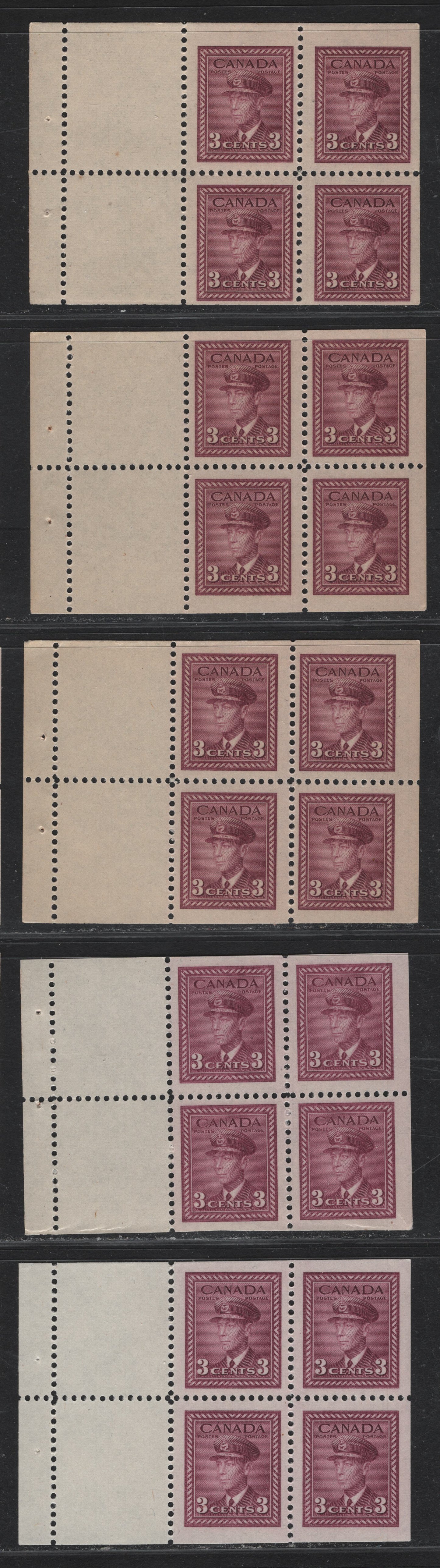 Lot 392 Canada (C) #252a 3c Plum - Light Bright Rose Purple, 1942-1943 War Issue, 5 F/VFNH Booklet Panes Of 4+2 Labels, All Different Shades On Various Papers, Not Identified As To Specific Type