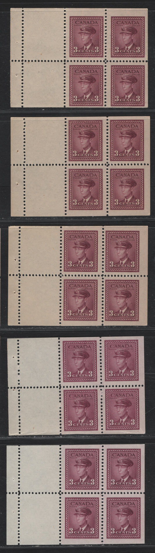 Lot 392 Canada (C) #252a 3c Plum - Light Bright Rose Purple, 1942-1943 War Issue, 5 F/VFNH Booklet Panes Of 4+2 Labels, All Different Shades On Various Papers, Not Identified As To Specific Type