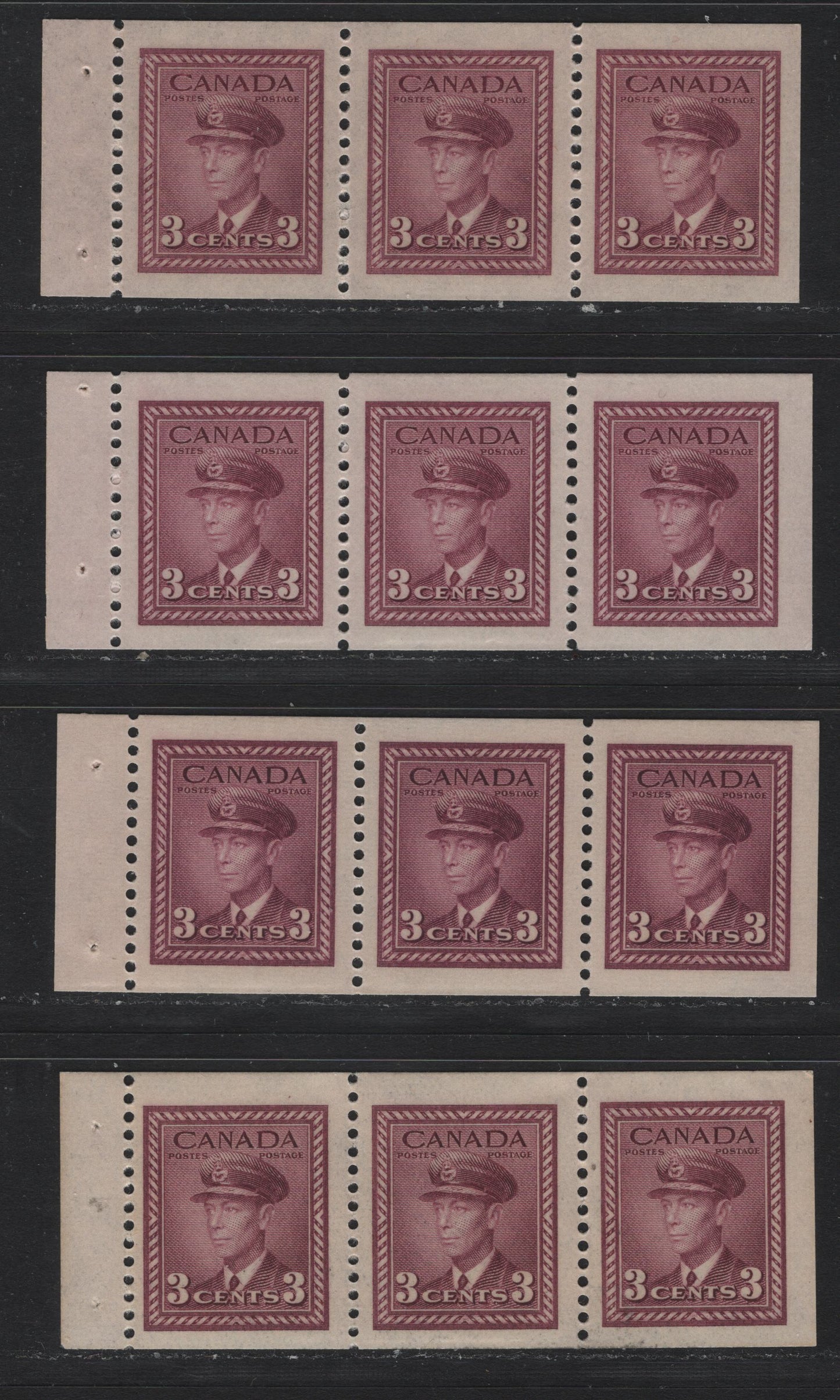 Lot 393 Canada (C) #252b 3c Plum - Bright Rose Red, 1942-1943 War Issue, 4 VFOG/NH Booklet Panes Of 3, Not Identified As To Specific Types, All Different Shades.