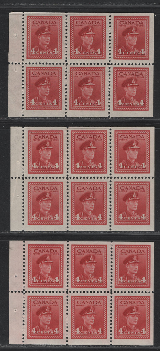 Lot 394 Canada (C) #254a 4c Carmine Red & Deep Carmine Red, 1942-1943 War Issue, 3 VFOG/NH Booklet Panes Of 3, Two Of The Deep Carmine Red & Are Printed On Different Vertical Wove Papers, The Lighter Pane Is On A Horizontal Ribbed Paper.