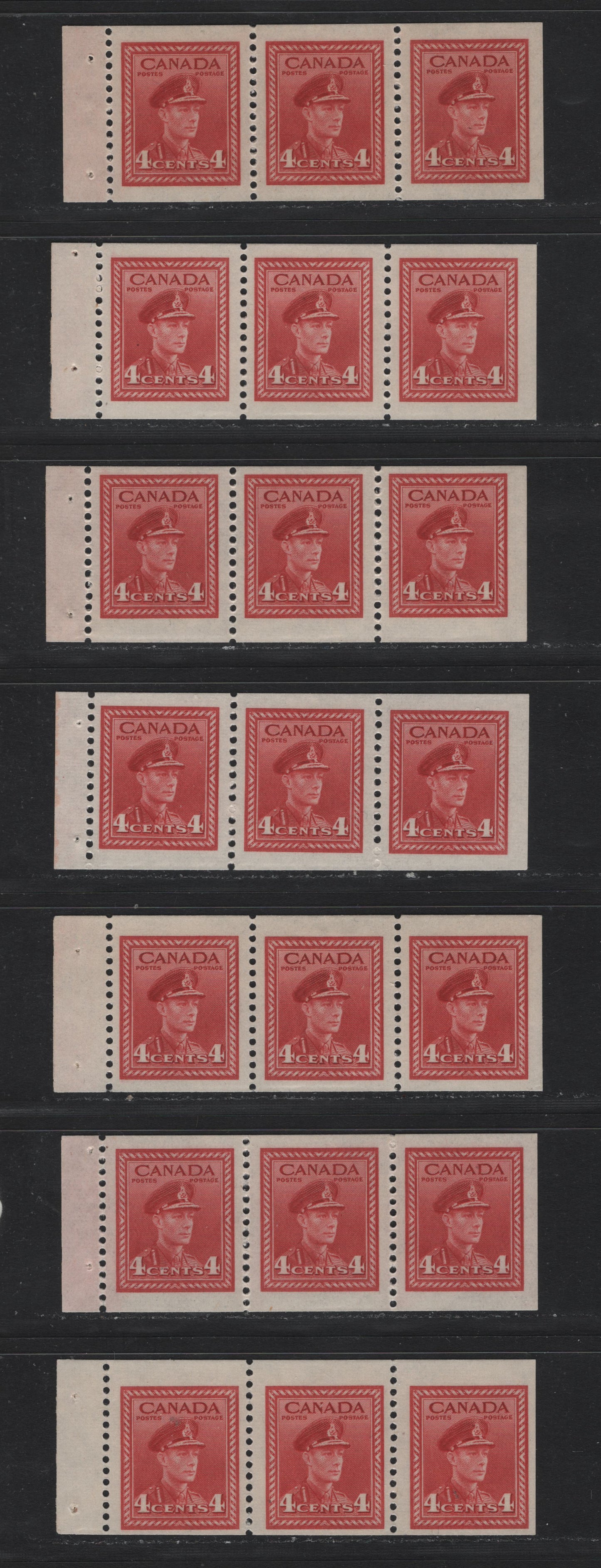 Lot 395A Canada (C) #254b 4c Carmine & Red, 1942-1943 War Issue, 7 F/VFNH Booklet Panes Of 3, Different Shades With Different Gums, Not Idenfied As To A Specific Type, All Are Different In Some Way.