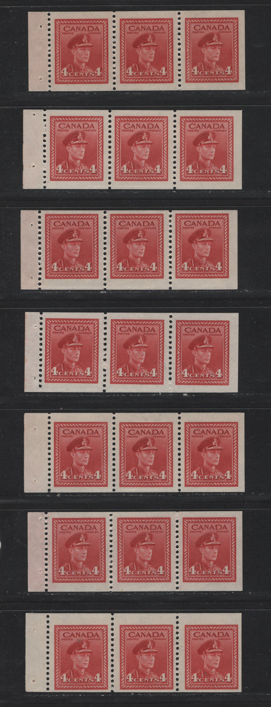 Lot 395A Canada (C) #254b 4c Carmine & Red, 1942-1943 War Issue, 7 F/VFNH Booklet Panes Of 3, Different Shades With Different Gums, Not Idenfied As To A Specific Type, All Are Different In Some Way.