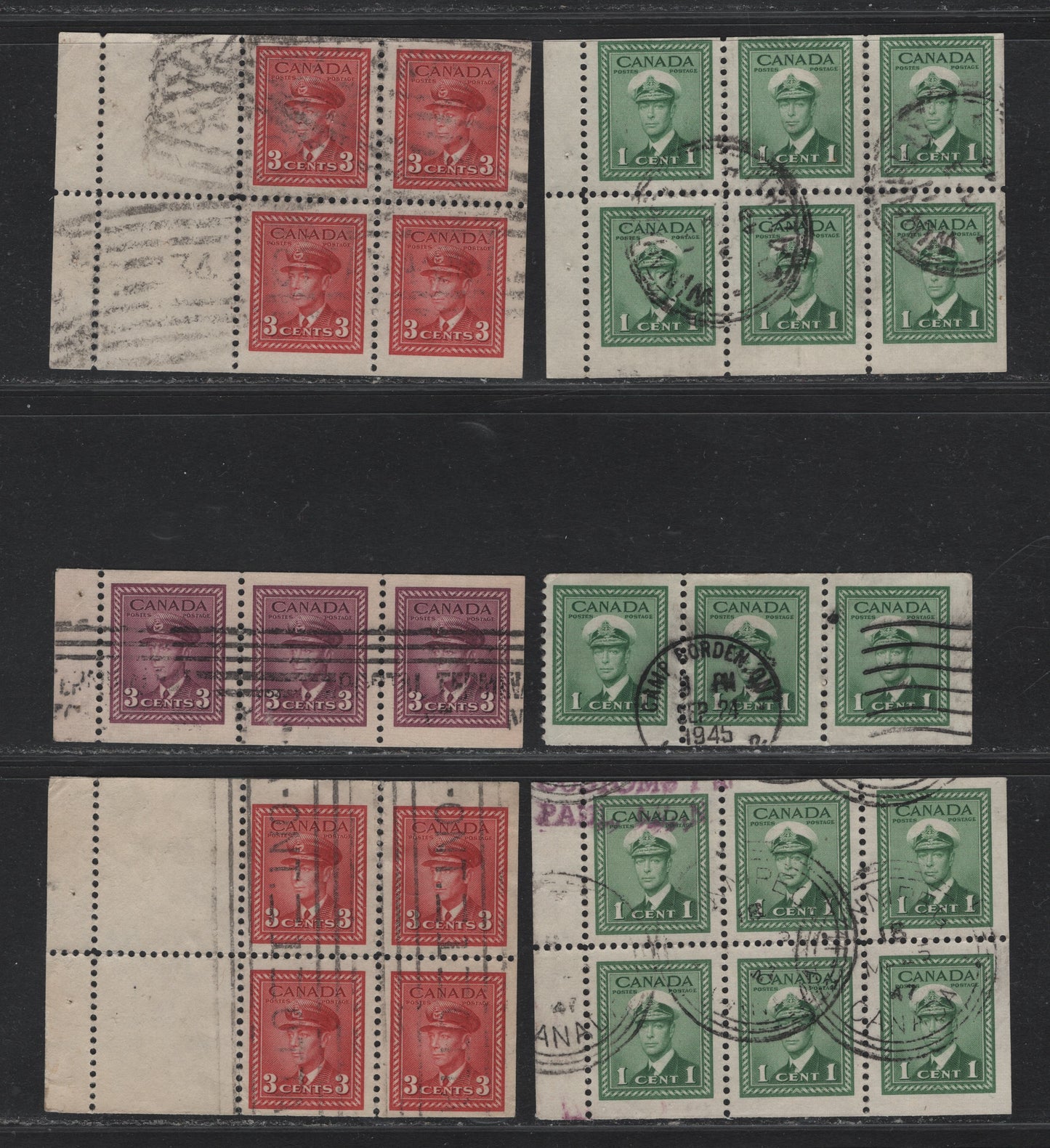 Lot 397 Canada #249a,c, 251a, 252b 1c - 3c Green - Bright Carmine, 1942-1943 War Issue, 6 Fine/Very Fine Used Booklet Panes Of 6, 4+2 & 3, Postally Used With Is Scarce For These, Some Roller Cancels, Slightly Different Papers.