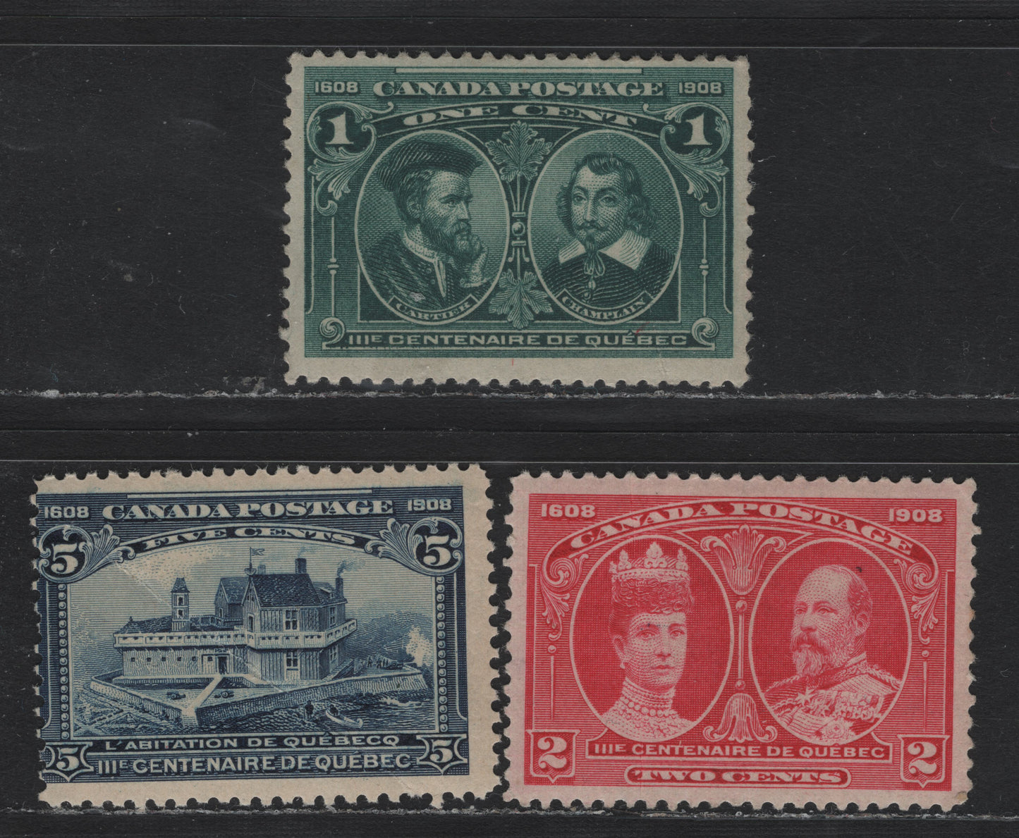 Lot 40 Canada #97-99 1c - 5c Blue Green - Dark Blue, 1908 Quebec Tercentenary Issue, 3 Fair/VGOG Singles, Heavy Creases, ABN-A & ABN-B Papers