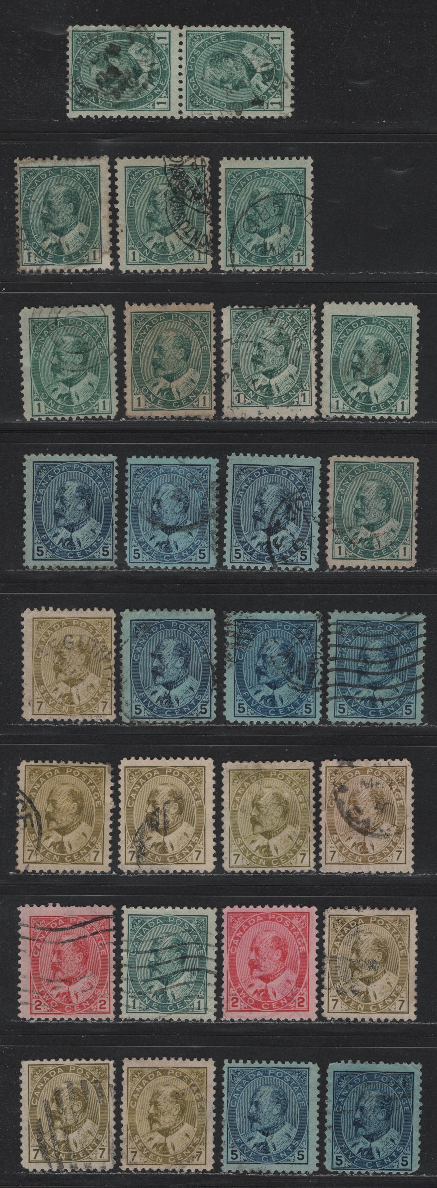 Lot 4 Canada (C) #89,I,ii,iii, 90,a, 91,I, 92,I, 1c - 7c Green - Greenish Bistre, 1903-1908 King Edward VII Issue, 28 Good/Fine Used Singles, Different Papers & Perfs, Unchecked As To Specific Type