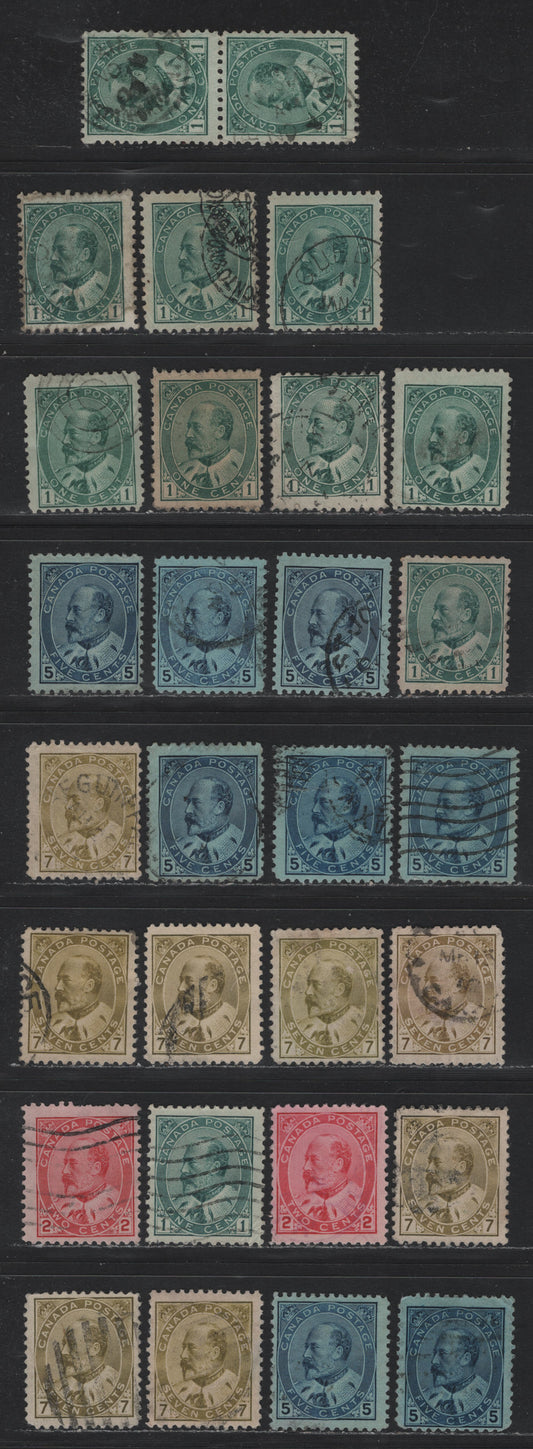 Lot 4 Canada (C) #89,I,ii,iii, 90,a, 91,I, 92,I, 1c - 7c Green - Greenish Bistre , 1903-1908 King Edward VII Issue, 28 Good/Fine Used Singles, Different Papers & Perfs, Unchecked As To Specific Type