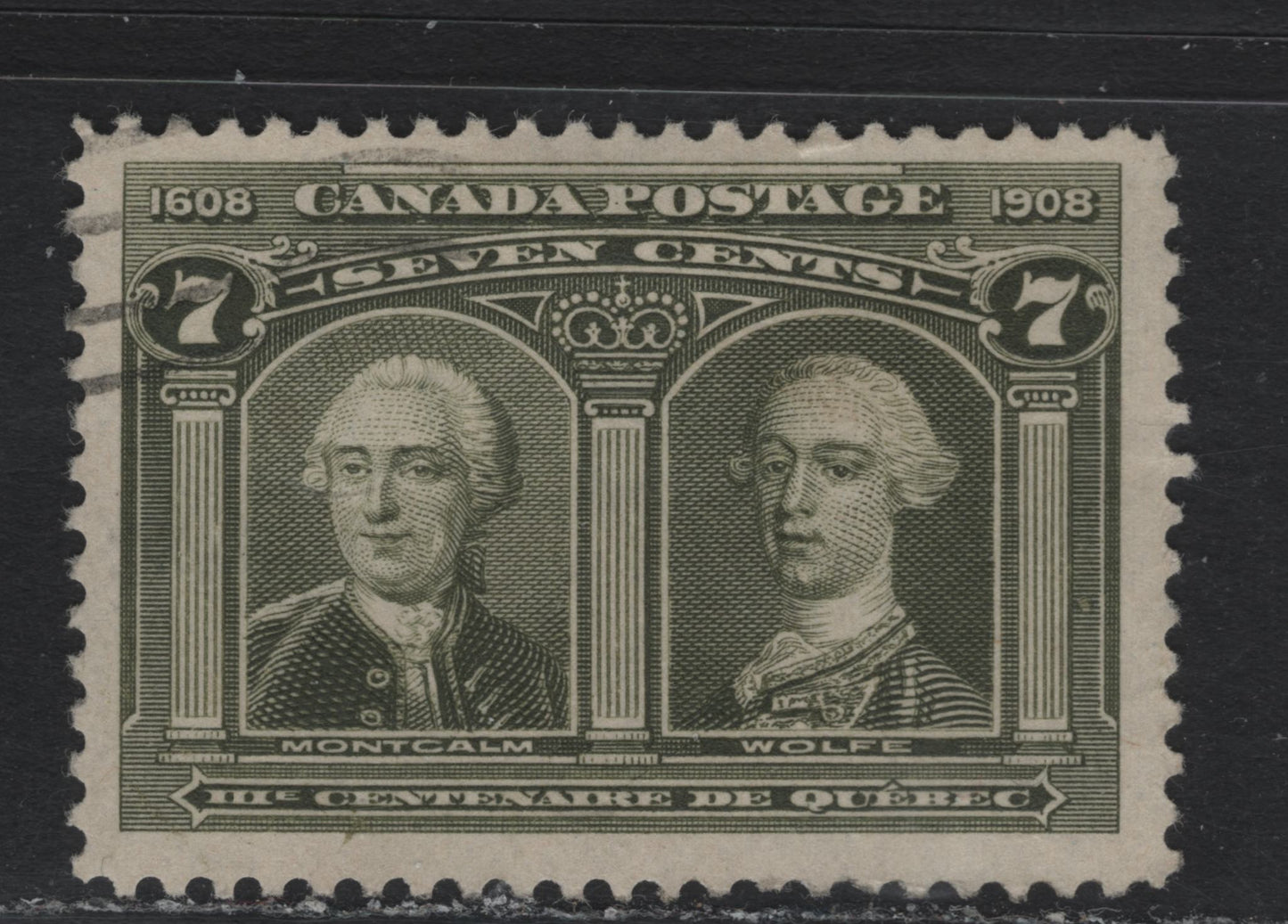 Lot 44 Canada #100 7c Olive Green, 1908 Quebec Tercentenary Issue, A Very Fine Used Single, ABN-A Paper, Perf 12x11.9