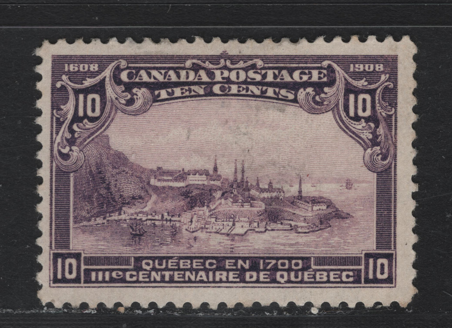 Lot 45 Canada #101 10c Dark Purple, 1908 Quebec Tercentenary Issue, A FOG Single, ABN-B Paper, Perf 11.9