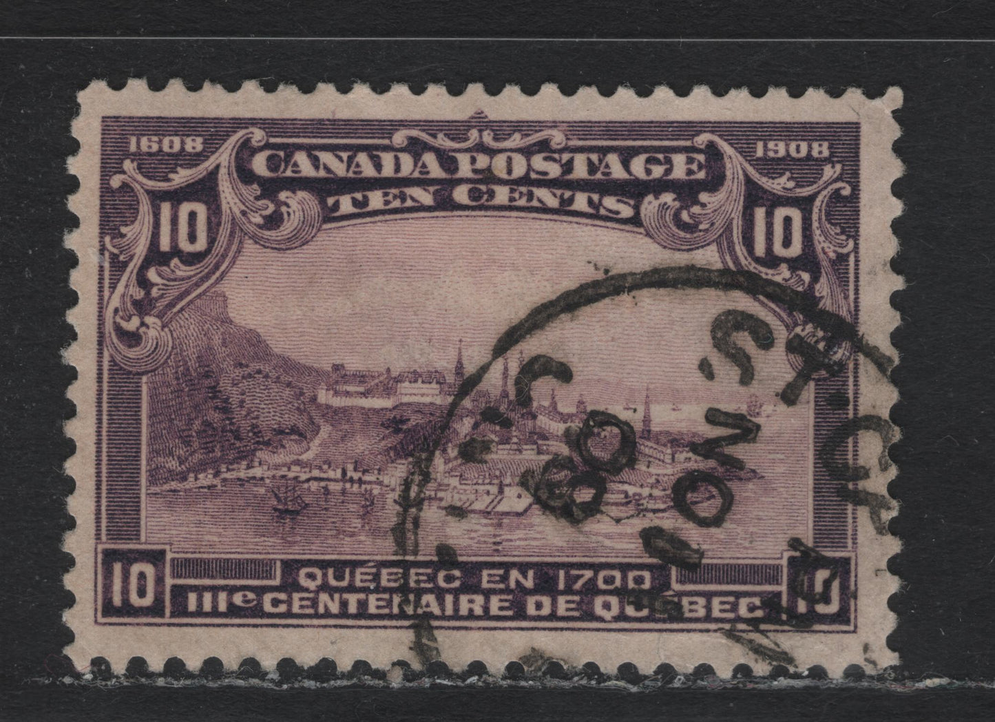 Lot 46 Canada #101 10c Dark Purple, 1908 Quebec Tercentenary Issue, A Very Fine Used Single, ABN-B Paper, Perf 12, St Catherines, ONT Cancel November 14 1908.