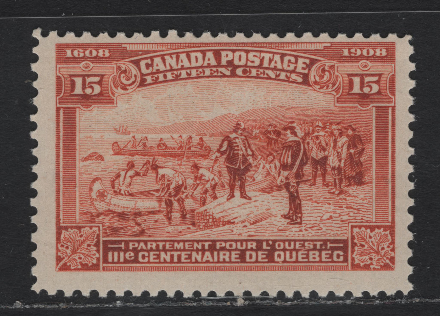 Lot 47 Canada (C) #102 15c Dull Orange, 1908 Quebec Tercentenary Issue, A FOG Single, ABN-DDDDD Paper, Perf 11.9x12