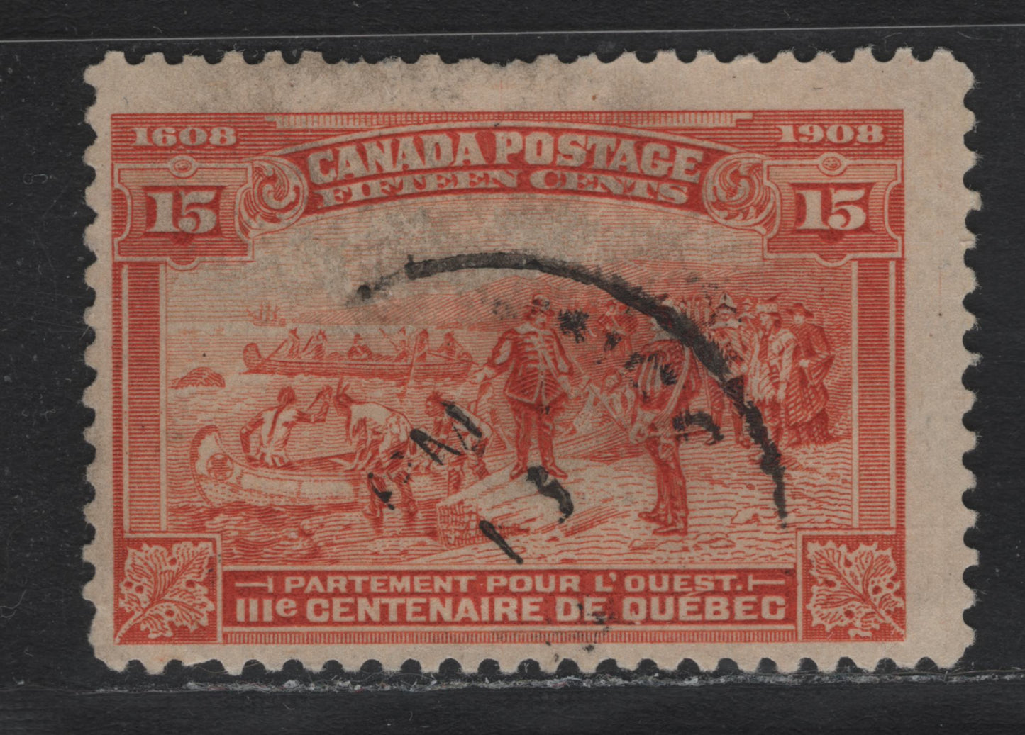 Lot 50 Canada #102 15c Orange, 1908 Quebec Tercentenary Issue, A Very Good Used Single, ABN-DDDDD Paper, Perf 11.95x11.85