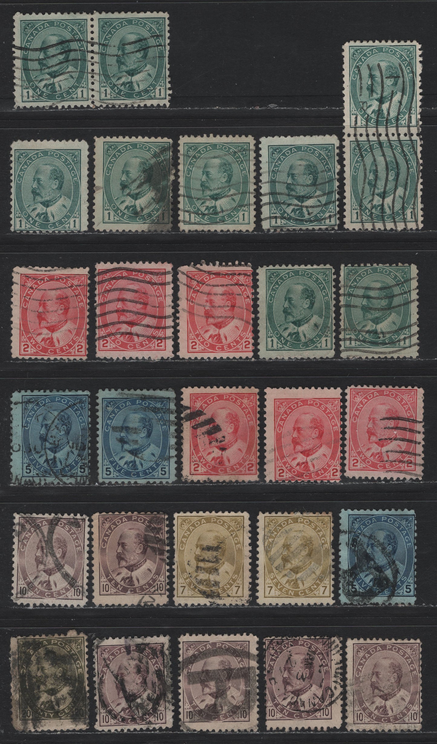 Lot 5 Canada (C) #89ii,iii, 90,I, 91, 92-93,I, 94i 1c - 20c Green - Deep Olive, 1903-1908 King Edward VII Issue, 26 Ungraded Used Singles, Completely Unchecked With Regard To Paper Type & Perfs