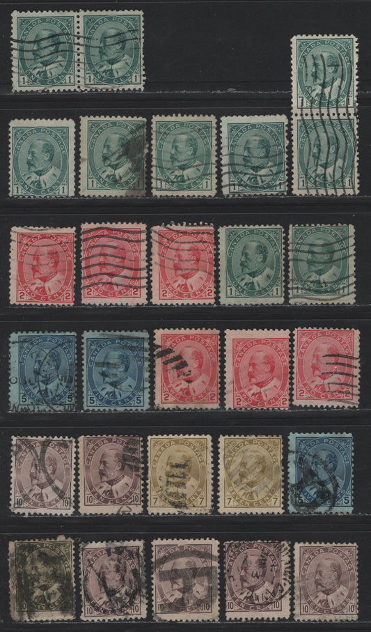 Lot 5 Canada (C) #89ii,iii, 90,I, 91, 92-93,I, 94i 1c - 20c Green - Deep Olive , 1903-1908 King Edward VII Issue, 26 Ungraded Used Singles, Completely Unchecked With Regard To Paper Type & Perfs
