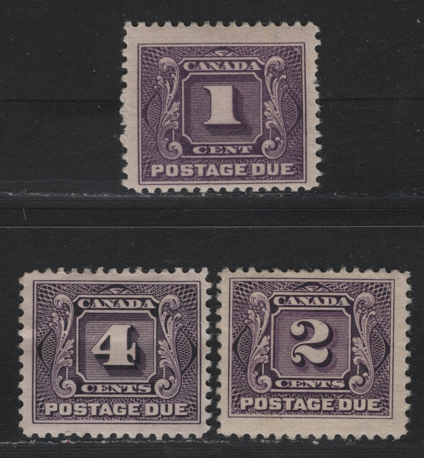 Lot 53 Canada #J1c, J2-J3 1c - 4c Rosy Purple - Deep Lilac, 1906-1928 Postage Dues, 3 VG/FOG Singles, ABN-P, ABN-EEEEE & ABN-KKK Papers, Perfs 12x11.9 & 12