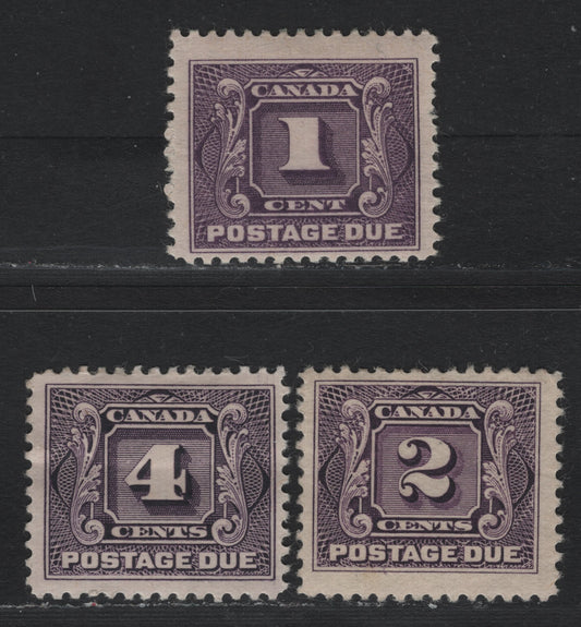 Lot 53 Canada #J1c, J2-J3 1c - 4c Rosy Purple - Deep Lilac, 1906-1928 Postage Dues, 3 VG/FOG Singles, ABN-P, ABN-EEEEE & ABN-KKK Papers, Perfs 12x11.9 & 12