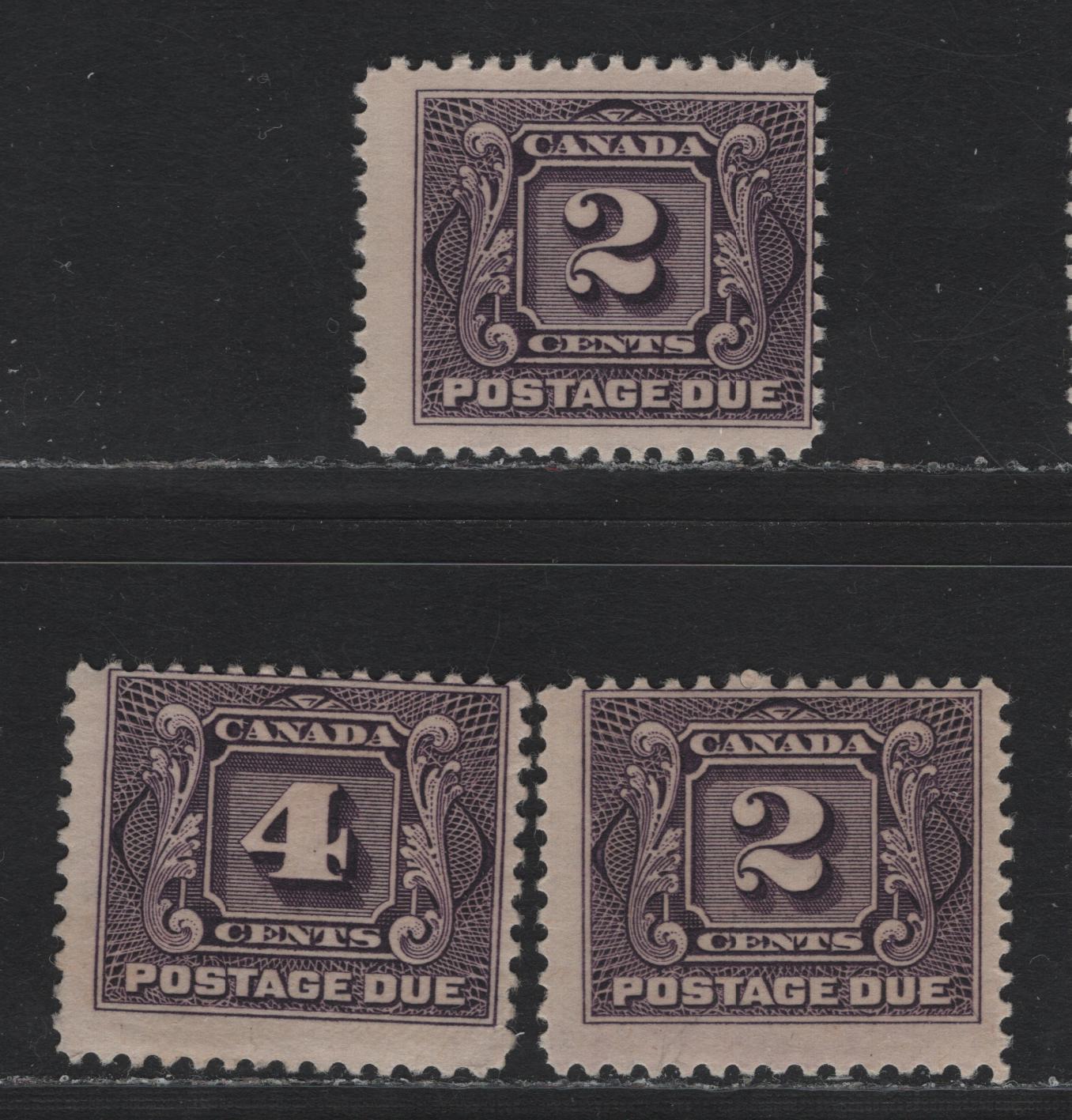 Lot 55 Canada (C) #J2c, J3 2c - 4c Blackish Lilac - Deep Lilac, 1906-1928 Postage Dues, 3 VG/FOG Singles, ABN-JJJ & ABN-KKK Papers, Dry Printings, Perfs 12x11.9 & 11.9x12, Small Thin On 4c, One Is NH.