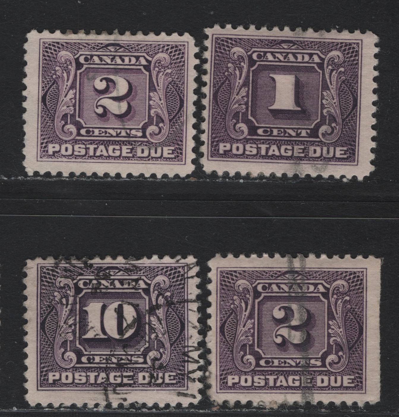 Lot 56 Canada #J1c, J2c, J2, J5 1c - 10c Deep Rose Lilac - Deep Lilac, 1906-1928 Postage Dues, 4 Fine Used Singles, Papers & Perfs Unchecked As To Specifics, Minor Wrinkle On Paper Of 10c