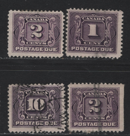 Lot 56 Canada #J1c, J2c, J2, J5 1c - 10c Deep Rose Lilac - Deep Lilac, 1906-1928 Postage Dues, 4 Fine Used Singles, Papers & Perfs Unchecked As To Specifics, Minor Wrinkle On Paper Of 10c