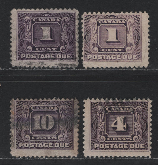 Lot 57 Canada #J1, J1c, J3, J5 1c - 10c Blackish Lilac - Deep Rose Lilac, 1906-1928 Postage Dues, 4 Very Good/Fine Used Singles, Dry Printing