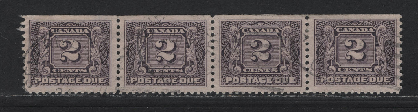 Lot 58 Canada (C) #J2c, J3 2c Blackish Lilac, 1906-1928 Postage Dues, A Fine/Very Fine Used Strip Of 4, From Top Of Sheet, Natural Straight Edge, Paper ABN-FFF, Perf 11.9, Cancelled With June 7 1924.