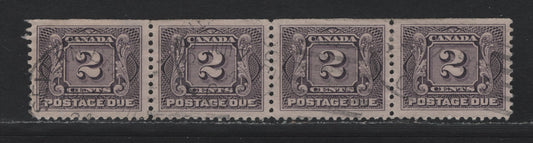 Lot 58 Canada (C) #J2c, J3 2c Blackish Lilac, 1906-1928 Postage Dues, A Fine/Very Fine Used Strip Of 4, From Top Of Sheet, Natural Straight Edge, Paper ABN-FFF, Perf 11.9, Cancelled With June 7 1924.