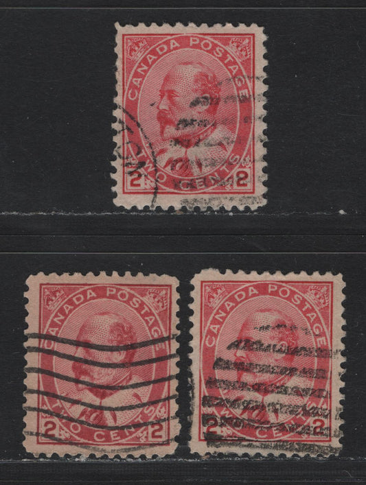 Lot 6 Canada #90e 2c Rose Carmine - Carmine Rose , 1903-1908 King Edward VII Issue, 3 Very Good/Fine Used Singles, Various Papers & Perfs