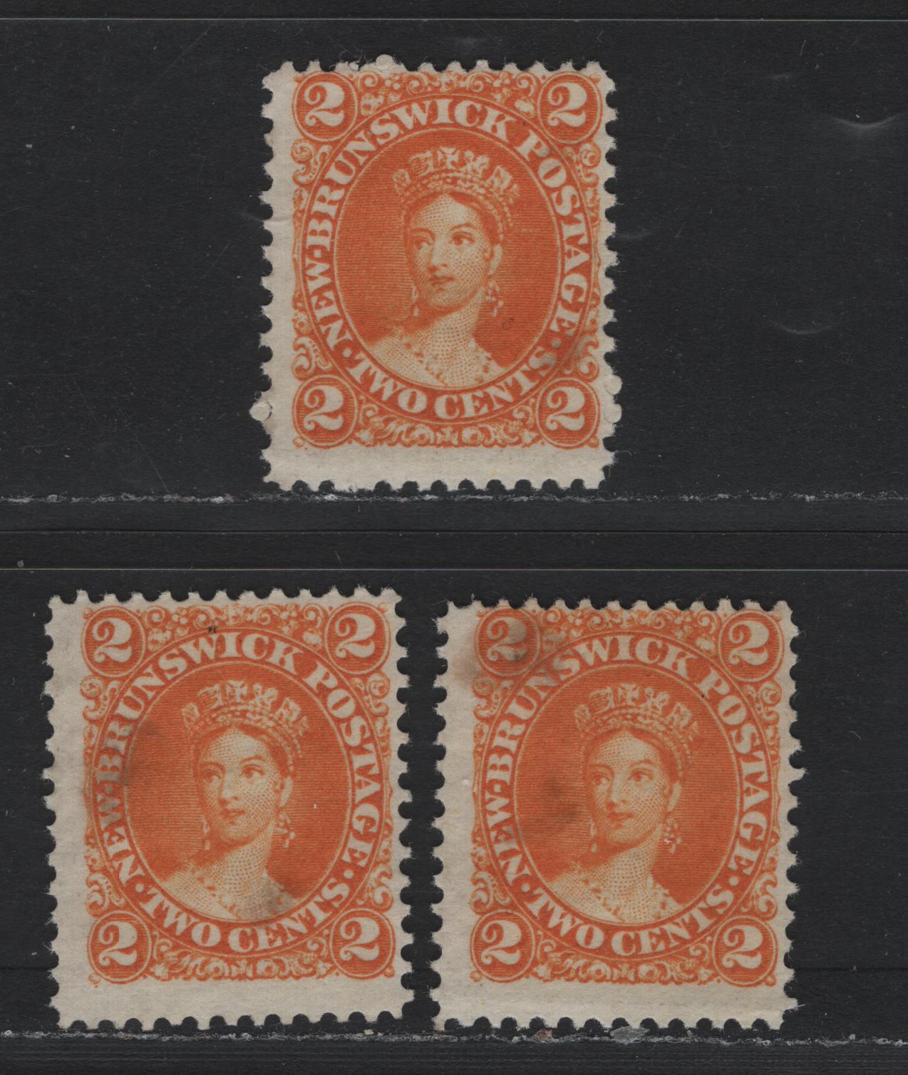 Lot 61 New Brunswick (C) #7 2c Orange, 1860 Cents Issue, 3 Fine Unused Singles, Cents-D Paper, Perf 12x11.75, Light Gum Soaks Which Should Come Out If You Soak The Stamps.