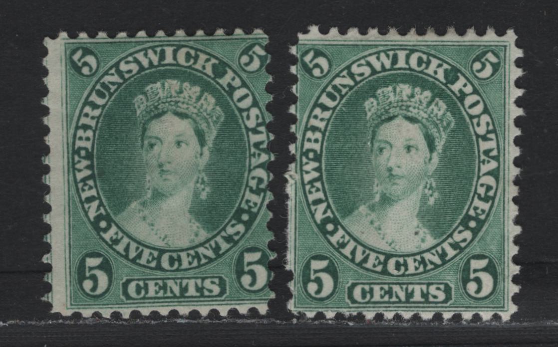 Lot 62 New Brunswick (C) #8a 5c Blue Green, 1860 Cents Issue, 2 VG/FOG & Unused Singles, Cents-K Paper, Perf 12, One With Gum, One Unused.