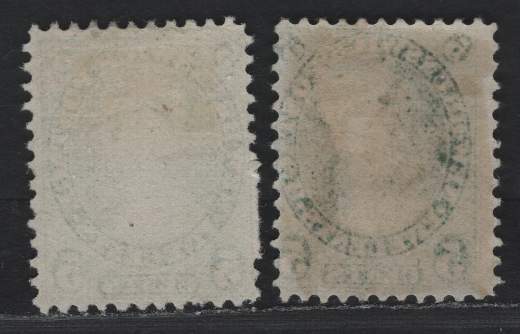 Lot 62 New Brunswick (C) #8a 5c Blue Green, 1860 Cents Issue, 2 VG/FOG & Unused Singles, Cents-K Paper, Perf 12, One With Gum, One Unused.